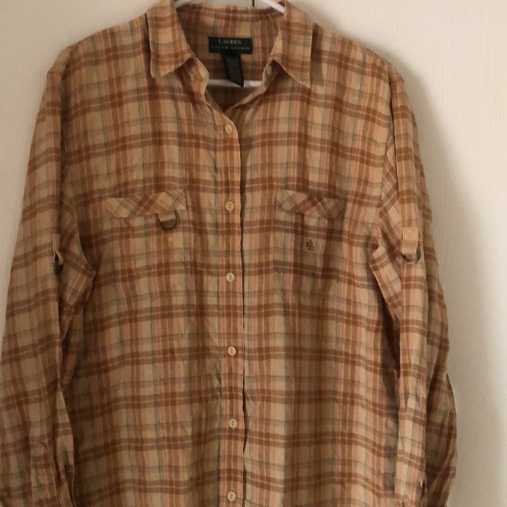 Woman’s linen Lauren Ralph Lauren Tan Plaid button down shirt Shirt